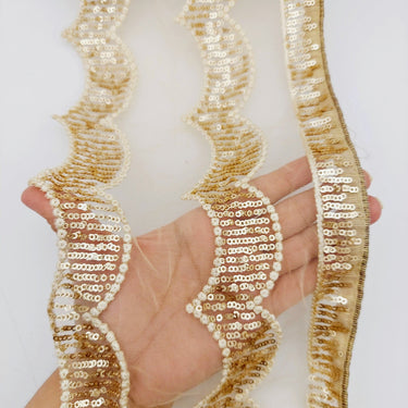 Beige Net Scallop Lace Trim with Gold Sequins, Sari Border, Embroidered Trim